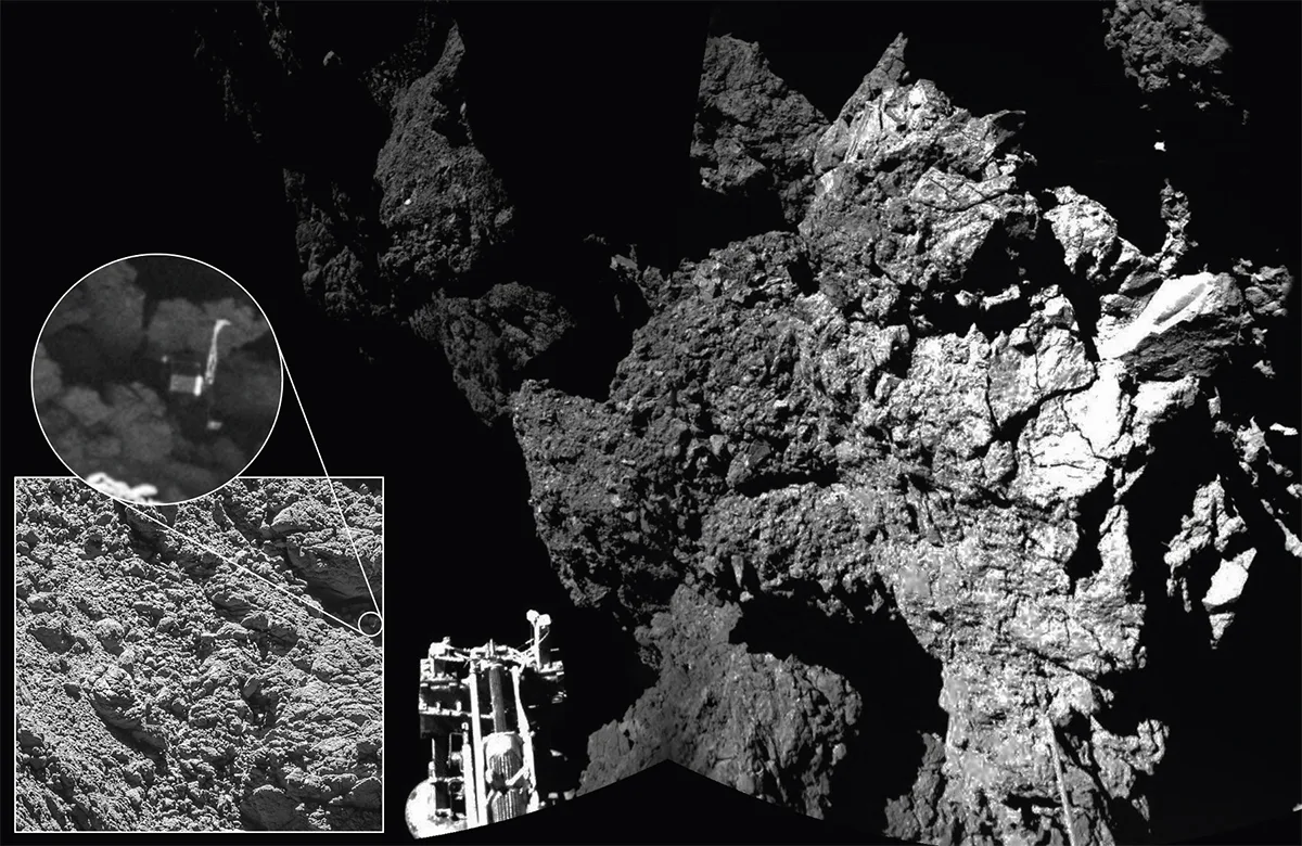 After a dramatic double bounce, Philae snapped its landing site on 67P, the first image ever taken from a comet. Inset: Rosetta later found the lander wedged against a rocky outcrop. Credit: ESA/Rosetta/MPS for OSIRIS Team MPS/UPD/LAM/IAA/SSO/INTA/UPM/DASP/IDA