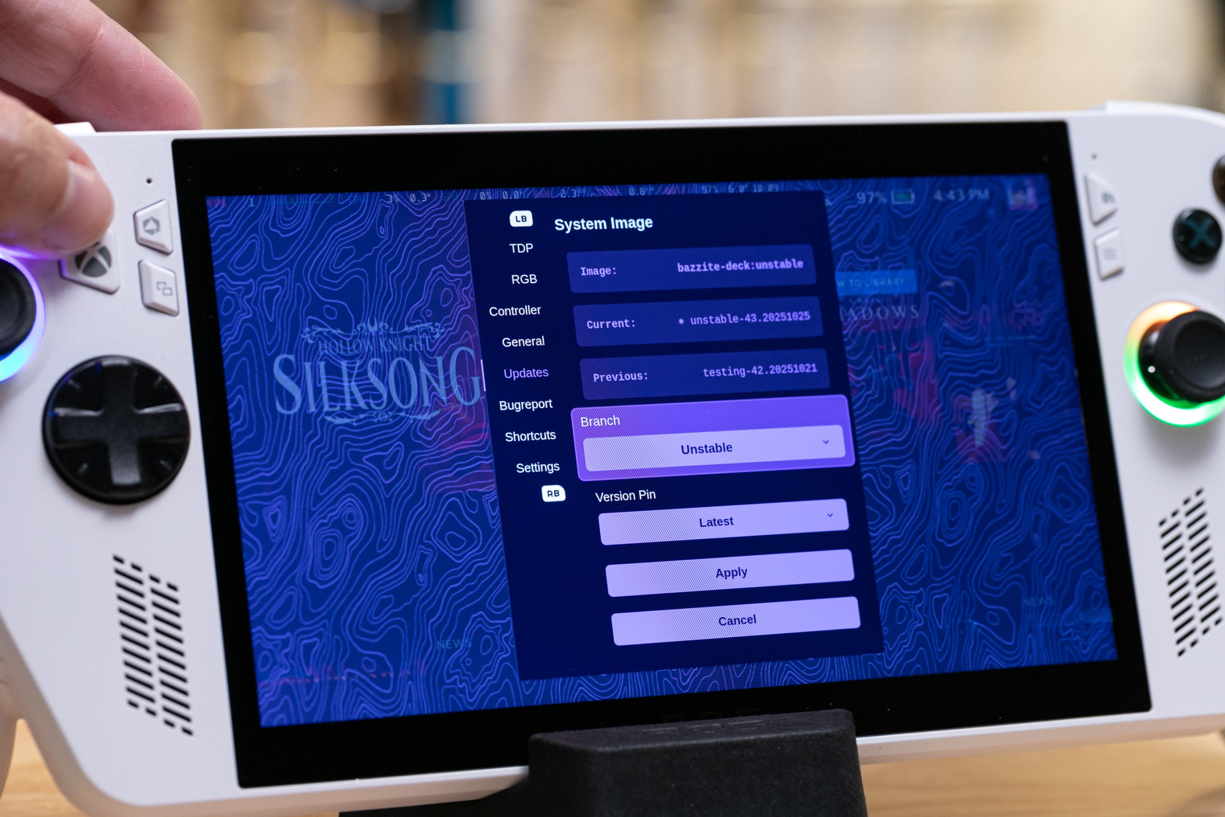 The Xbox button summons Handheld Companion, and a long-press gives you this full-screen version that lets you easily update to new versions of Bazzite. (Yes, I’m on the unstable build, since that’s the version that fixed sleep first.)