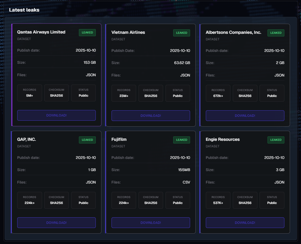 ShinyHunters Leak Alleged Data from Qantas, Vietnam Airlines and Other Major Firms