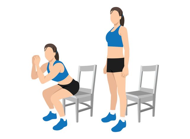 Woman doing Chair squat exercise. Flat vector illustration isolated on white background