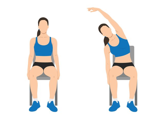 Woman doing seated side bends or lat stretch exercise. Flat vector illustration isolated on white background