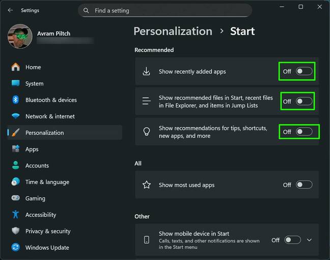 Toggle off the Recommended section