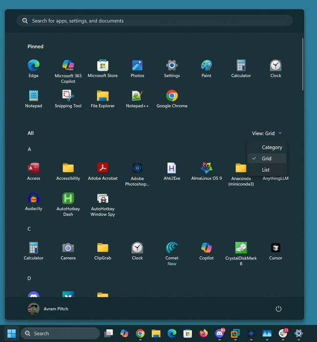 New Windows Start menu with grid view