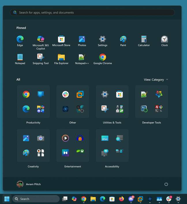 New Start menu with category view