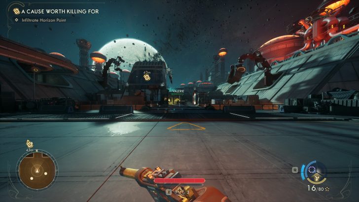 Game HUD with quest “A Cause Worth Killing For” showing “Infiltrate Horizon Point” objective.