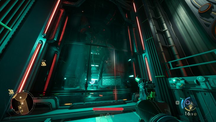 Futuristic game scene with a gun on screen, display shows 21m distance indicators, and sci-fi environment with glowing lights.