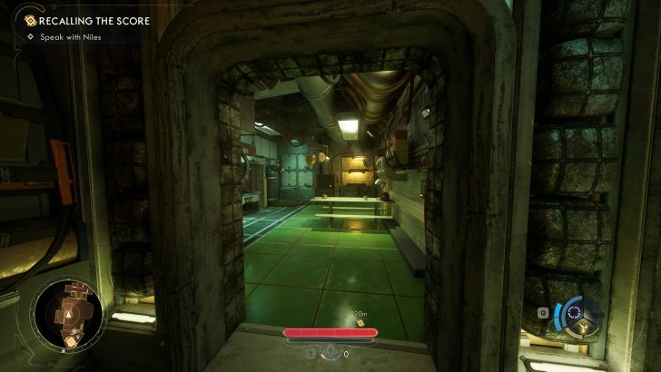 Recalling the Score mission screen with Speak with Niles objective in a futuristic corridor setting.