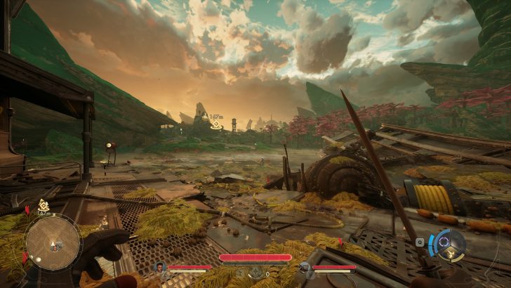 A character in a game, shown with a map and objective 167m on a post-apocalyptic landscape at sunset.