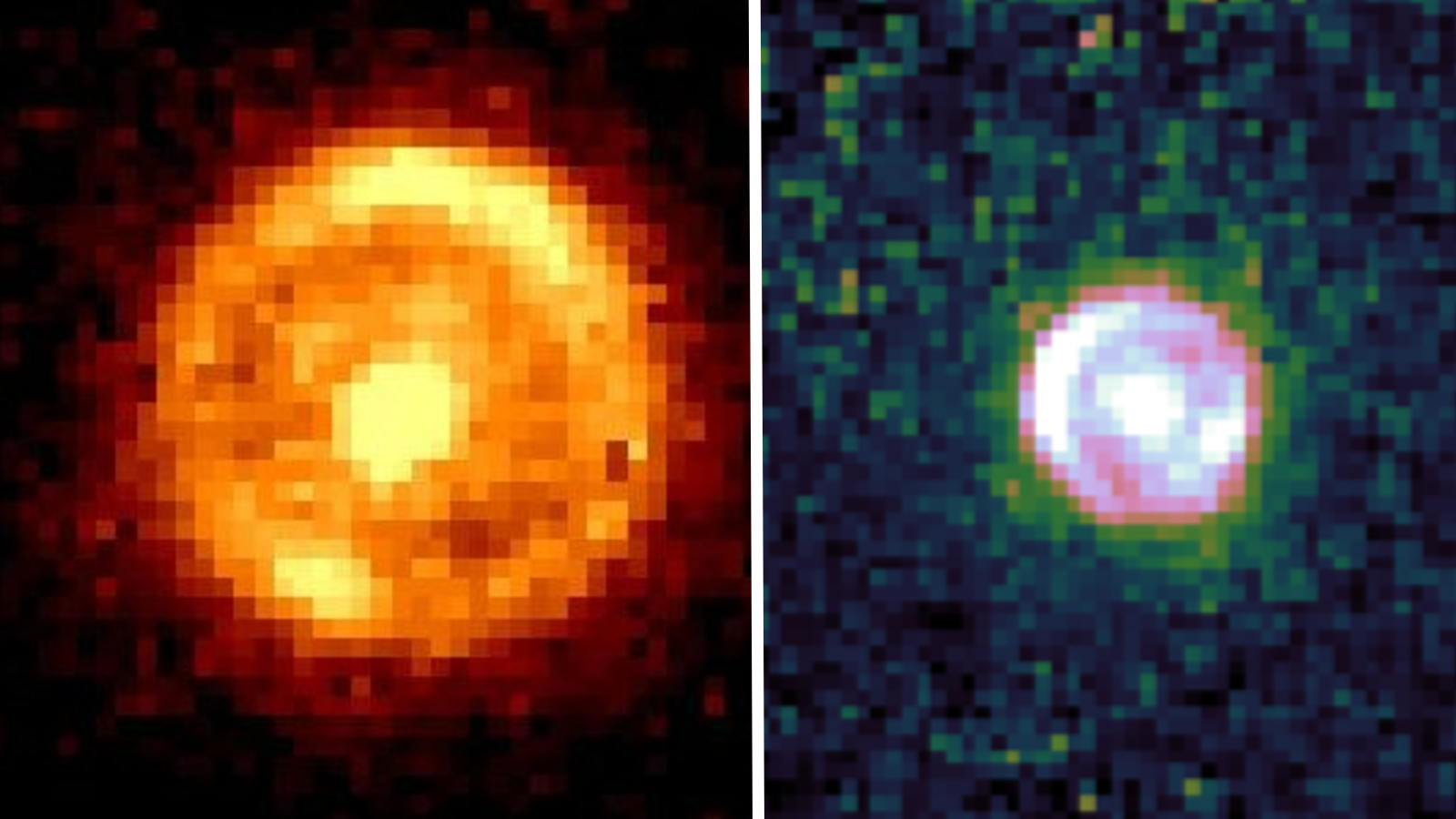 A side-by-side of two blurry photos of the Einstein ring taken using visible light