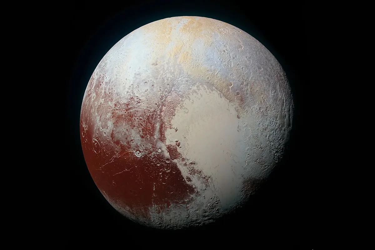 New Horizons' view of Pluto revealed its colour to be dark red, light yellow and blue and grey. Credit: NASA/JHUAPL/SwRI