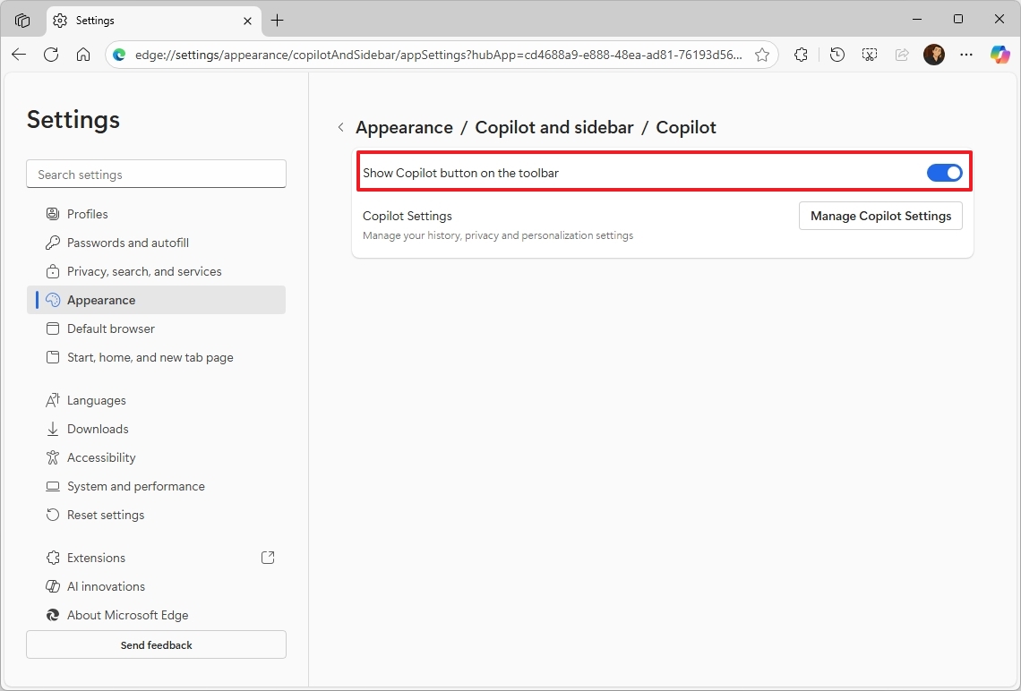 Microsoft Edge disable Copilot