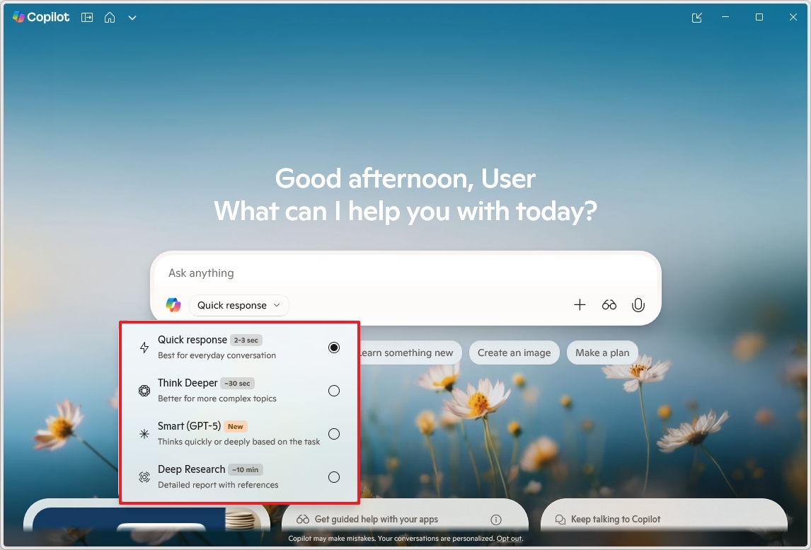 Copilot app change AI model for prompts