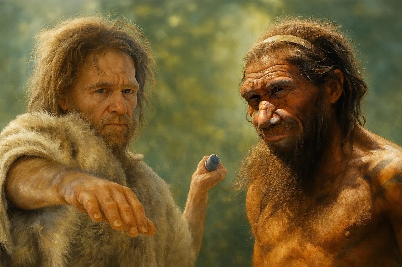 A reconstruction of a Homo sapiens (left) and a Neanderthal (right). Credit: Paul Hudson, Flickr / Wolfgang Sauber, CC BY-SA 4.0. Edit and composite by Archaeology News Online Magazine.
