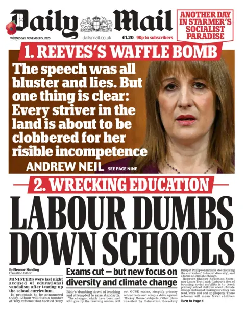 The headline on the front page of the Daily Mail reads: "Labour dumbs down schools".