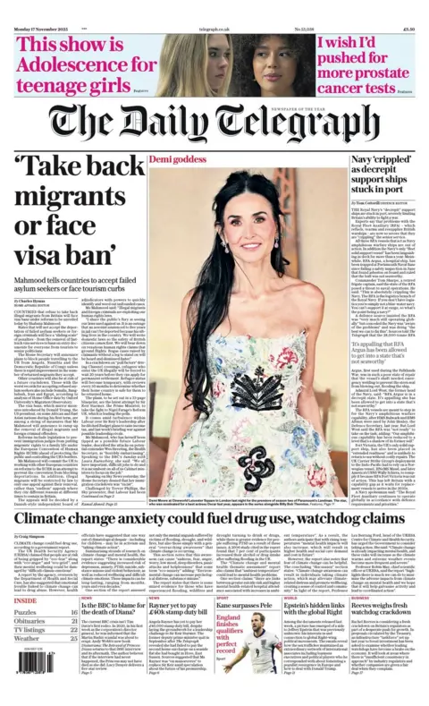 The headline on the front page of the Telegraph reads: “Take back migrants or face visa ban”.