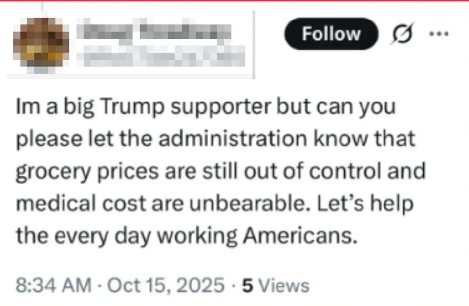 Tweet by Doug Treadway expressing concern about high grocery and medical costs, urging the Trump administration to assist working Americans
