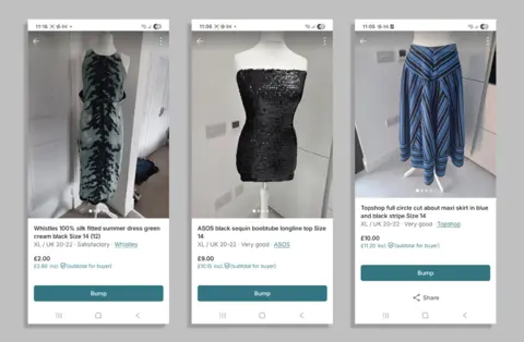 BBC/Alys Davies Three screenshots of Vinted listings. The photos of the items show one size but the description has different sizes.