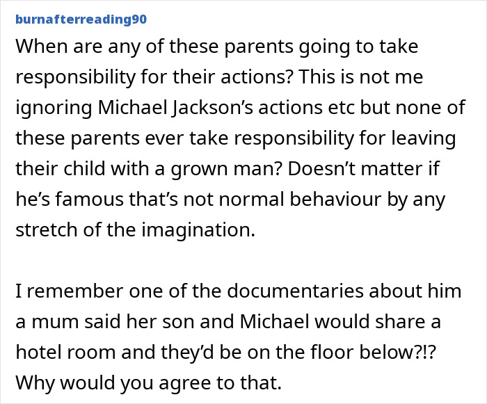 User comment discussing parents’ responsibility amid siblings’ disturbing new allegations against Michael Jackson.
