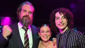 David Harbour, Millie Bobby Brown and Finn Wolfhard attend the "Stranger Things" Season 3 World Premiere on June 28, 2019 in Santa Monica, California