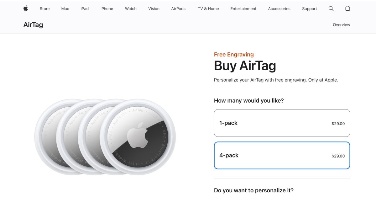  Apple’s website lists AirTag 4-pack for $29 in likely pricing error [Update: Fixed]