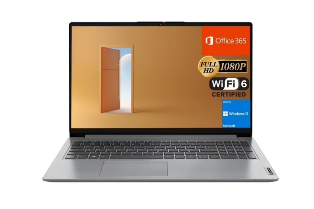 A slim laptop with a bunch of logos on the screen.