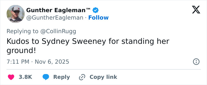 Tweet praising Sydney Sweeney for standing her ground amid jeans scandal comments sparking online fury.