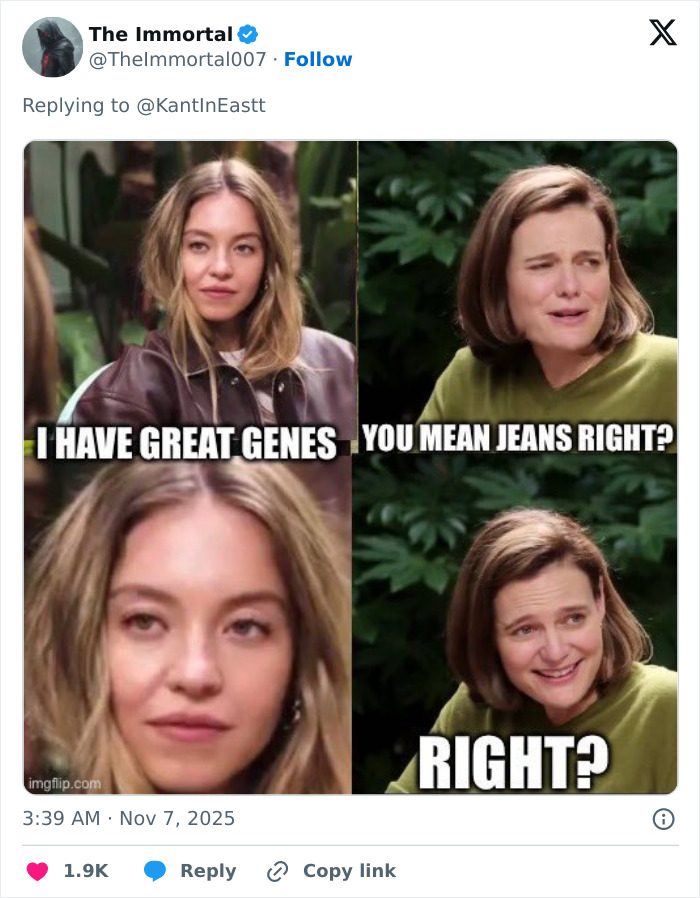 Two women in a conversation meme format highlighting a jeans scandal with expressions of confusion and emphasis.