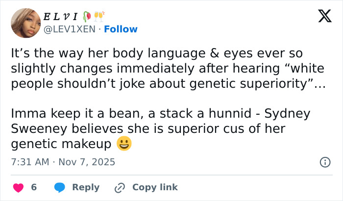 Screenshot of a social media post discussing Sydney Sweeney’s jeans scandal and public reaction to her comments.