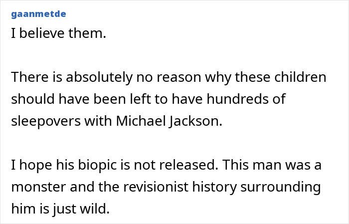 Text excerpt showing opinion on siblings’ disturbing new allegations against Michael Jackson amid biopic trailer release.