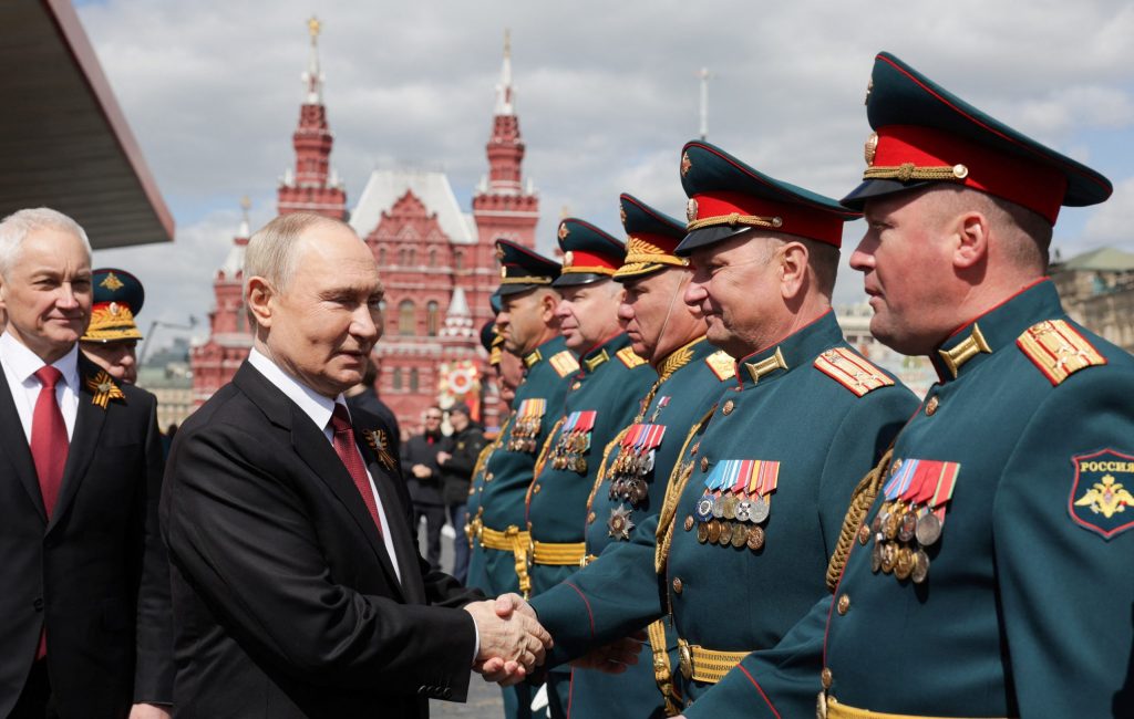 Photo: Russian President Vladimir Putin greets participants of a military parade on Victory Day, marking the 80th anniversary of the victory over Nazi Germany in World War Two, in Red Square in central Moscow, Russia, May 9, 2025. Credit: Sputnik/Gavriil Grigorov/Pool via REUTERS