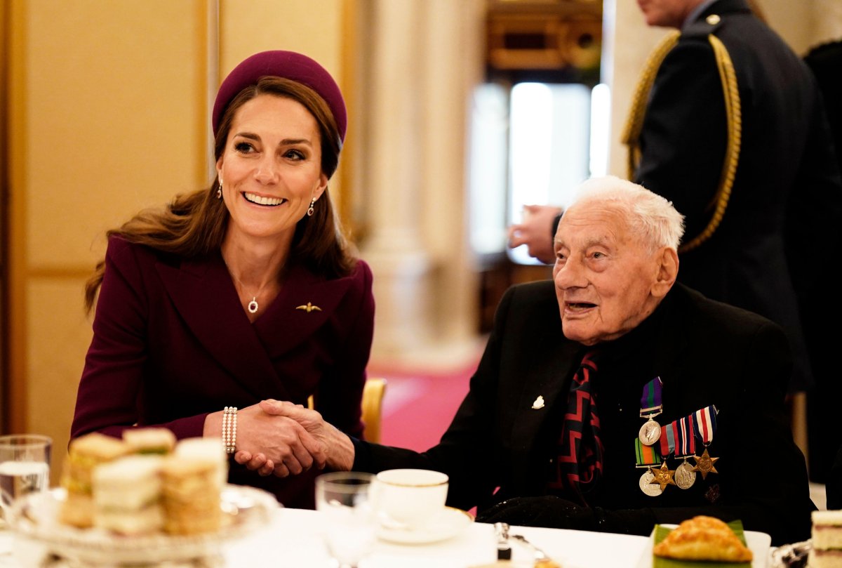 The Princess of Wales joins World War II veterans at a tea party in Buckingham Palace in London on May 5, 2025 (Jordan Pettitt/PA Images/Alamy)