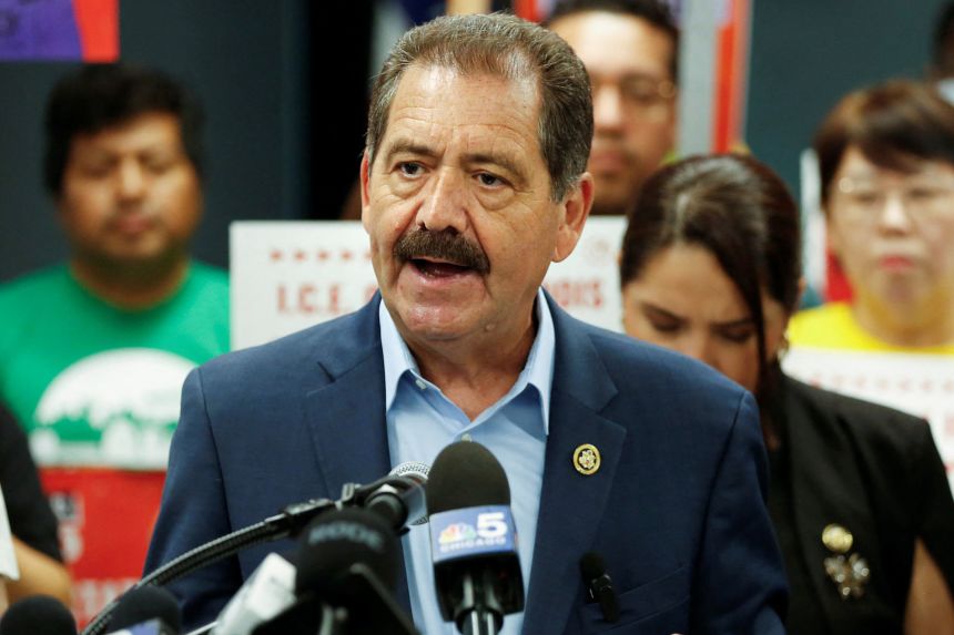 Rep. Jesus “Chuy” Garcia speaks during a press conference in Broadview, Illinois, on June 18.