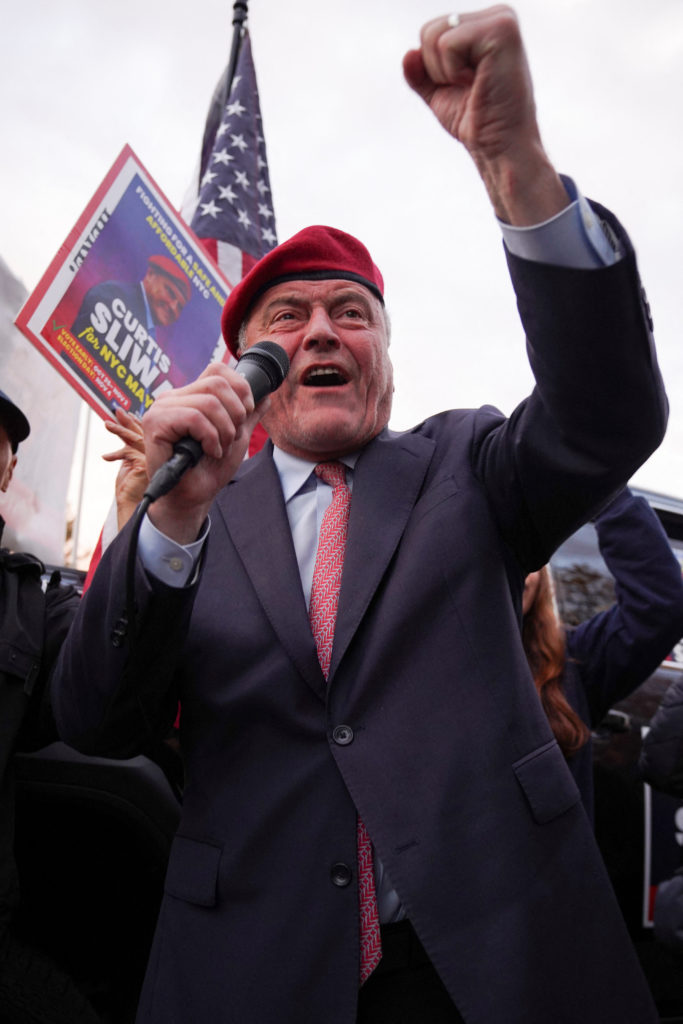 Republican candidate for New York City Mayor Curtis Sliwa campaigns in the Brooklyn borough of New York City