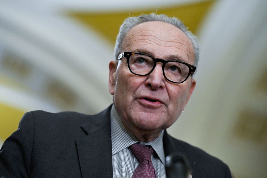 Senate Minority Leader Chuck Schumer speaks at a press conference following the weekly policy luncheon on Capitol Hill in Washingon, DC, on Tuesday.