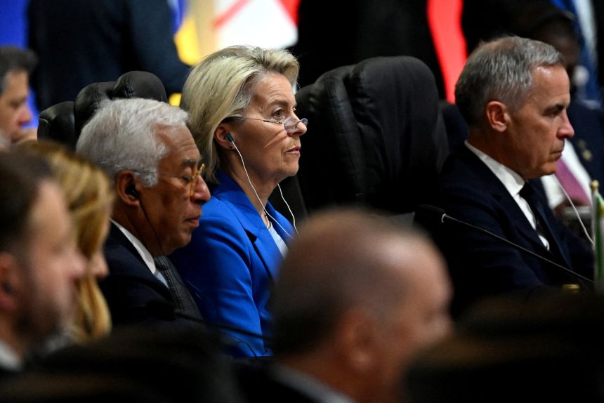 President of the European Commission Ursula von der Leyen attends the opening plenary session at the G20 Summit on November 22, 2025 in Johannesburg, South Africa.