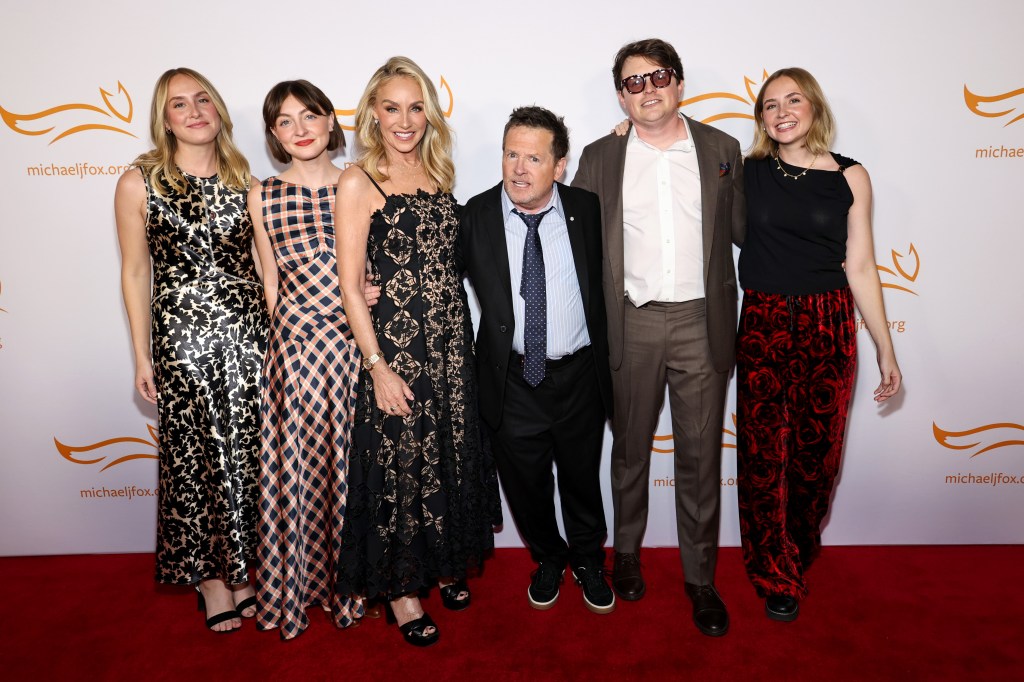 Aquinnah Fox, Esme Fox, Tracy Pollan, Michael J. Fox, Sam Fox and Schuyler Fox attend the 2025 A Funny Thing Happened On The Way To Cure Parkinson's Gala