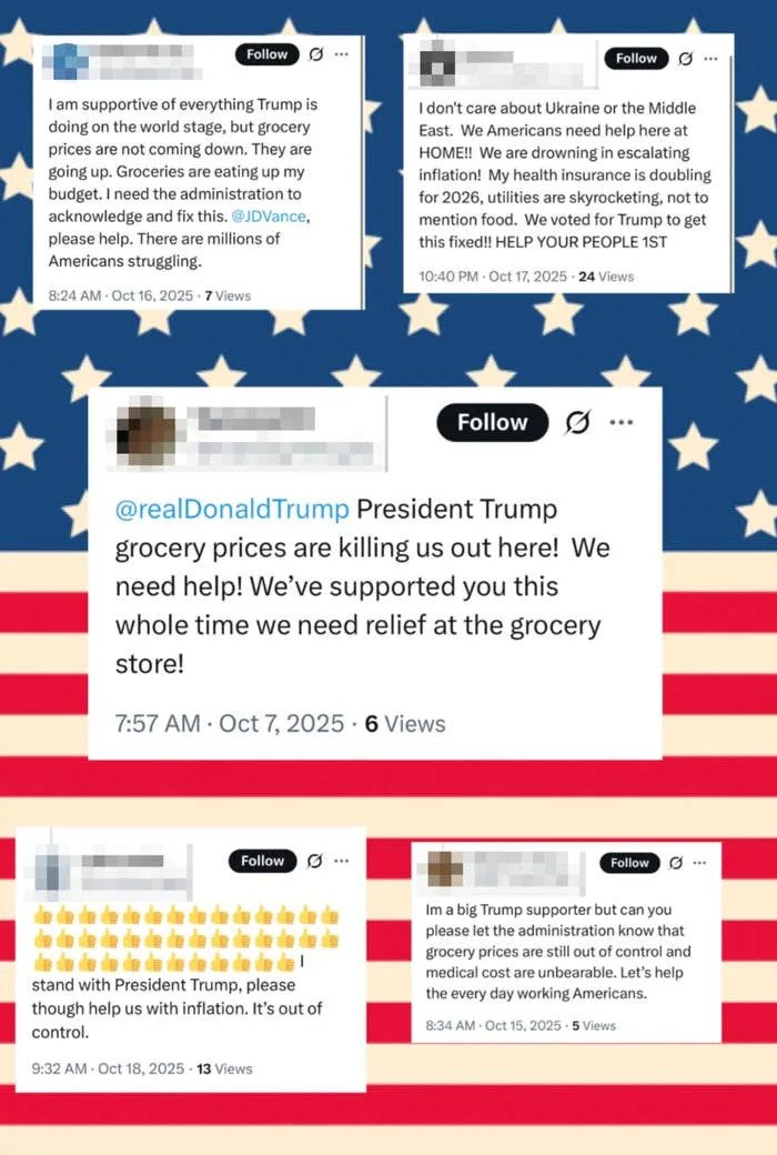Multiple tweets discussing concerns about rising grocery prices, with some tweets mentioning Trump and economic issues