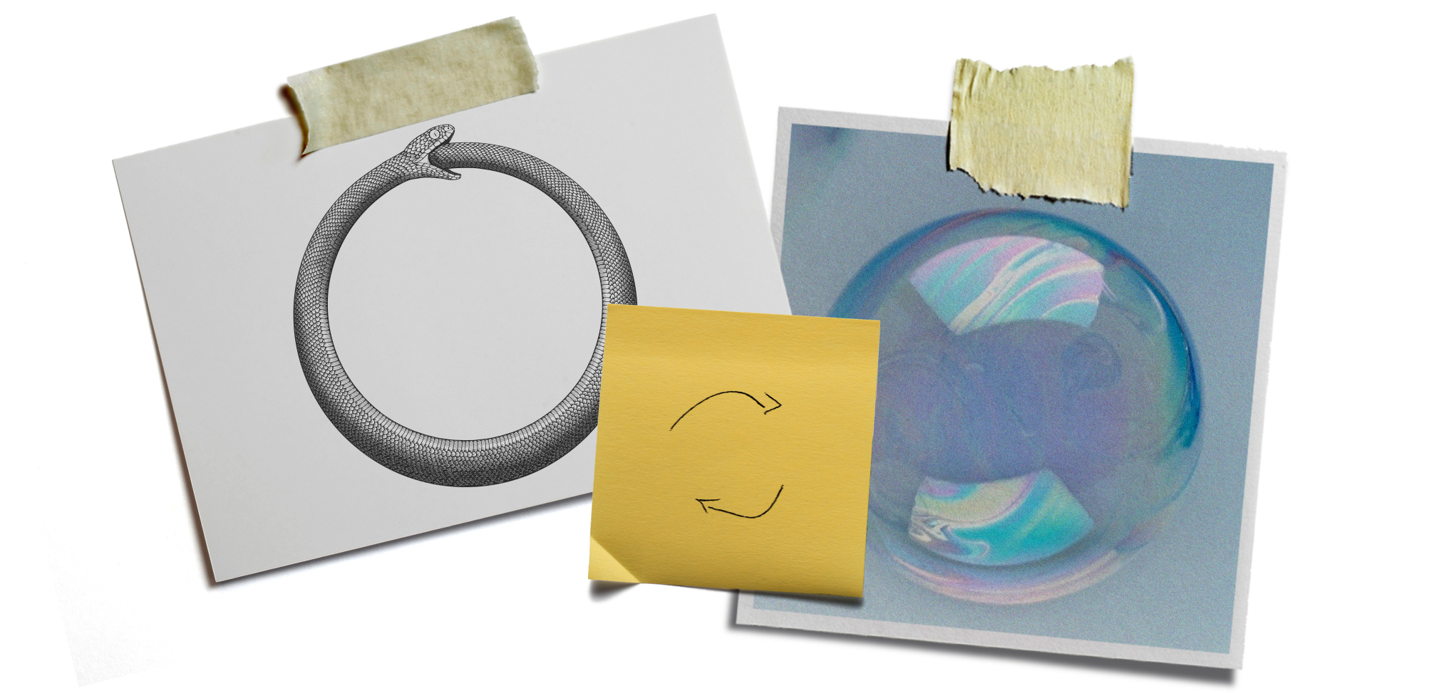 An image of a bubble and a snake eating its own tail, joined by a PostIt note