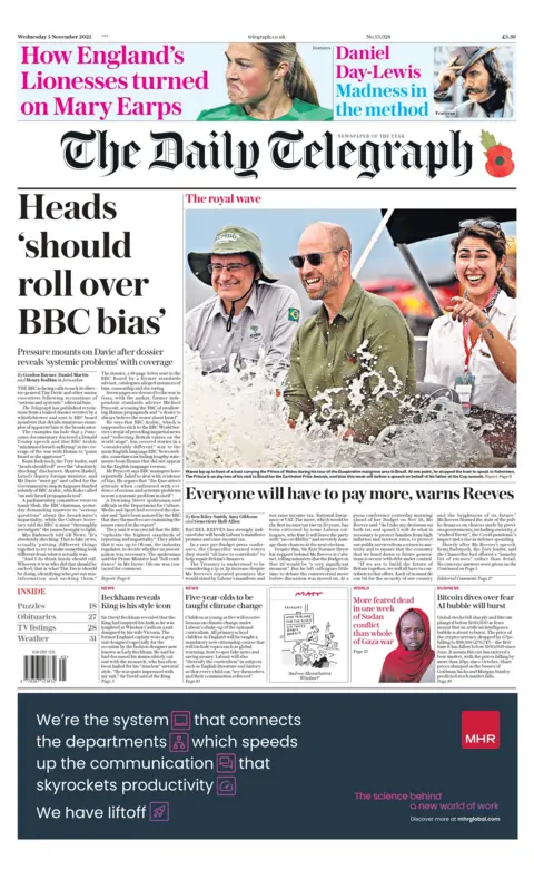 The headline on the front page of the Daily Telegraph reads: "Heads 'should roll over BBC bias'".