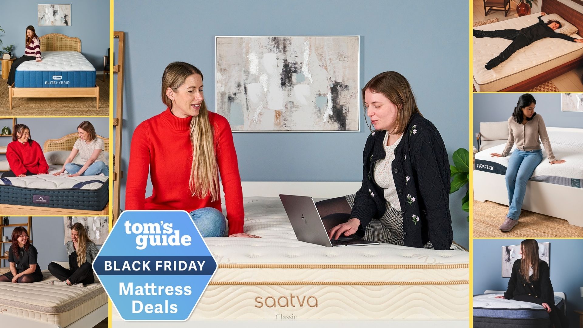 A collage of images showing the Tom's Guide expert mattress testing team trying the best mattresses of the year and searching for Black Friday mattress deals