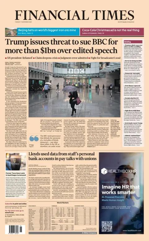 The headline on the front page of the Financial Times reads: "Trump issues threat to sue BBC for more than $1bn over edited speech".
