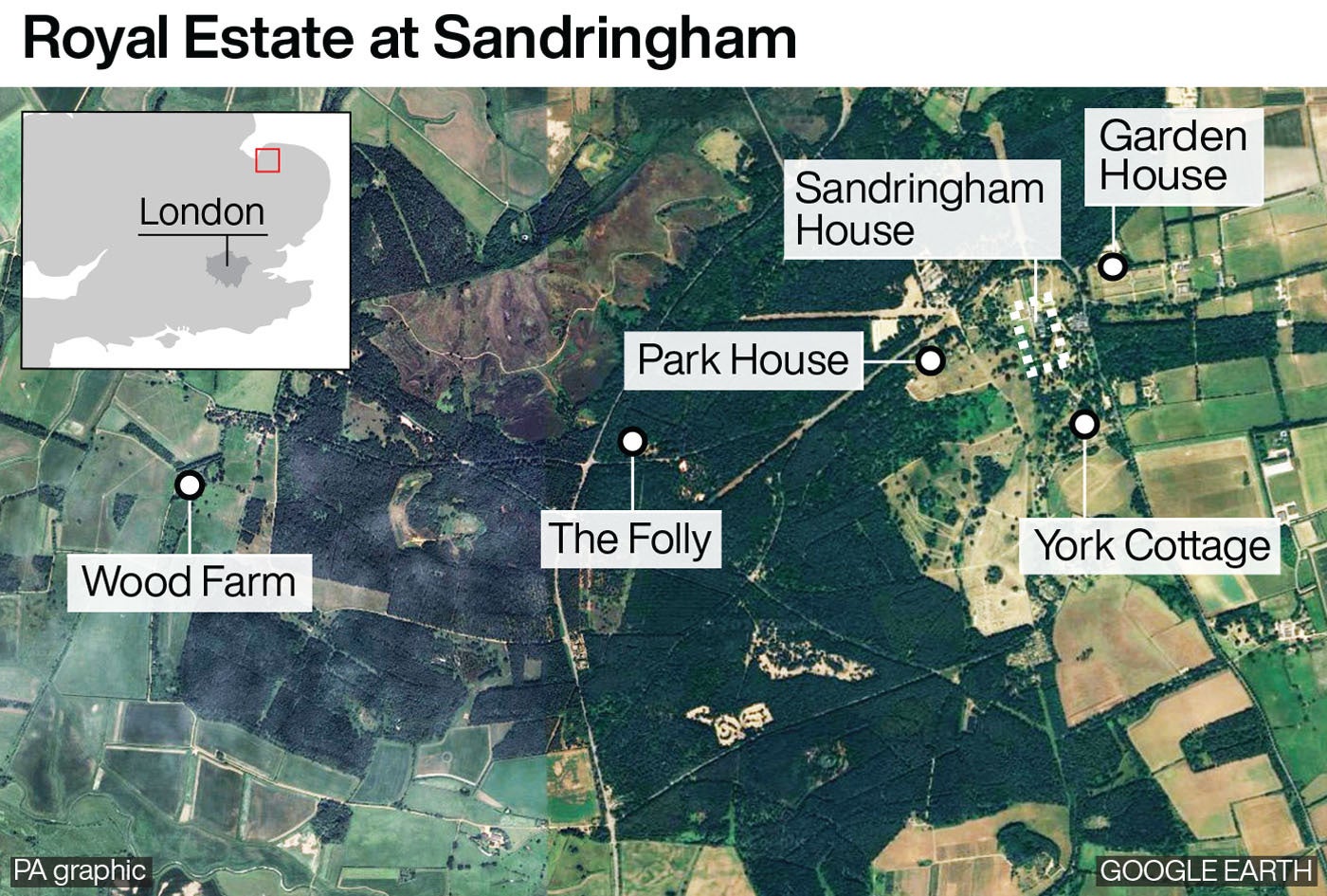 A graphic showing the Sandringham Estate and its main residences