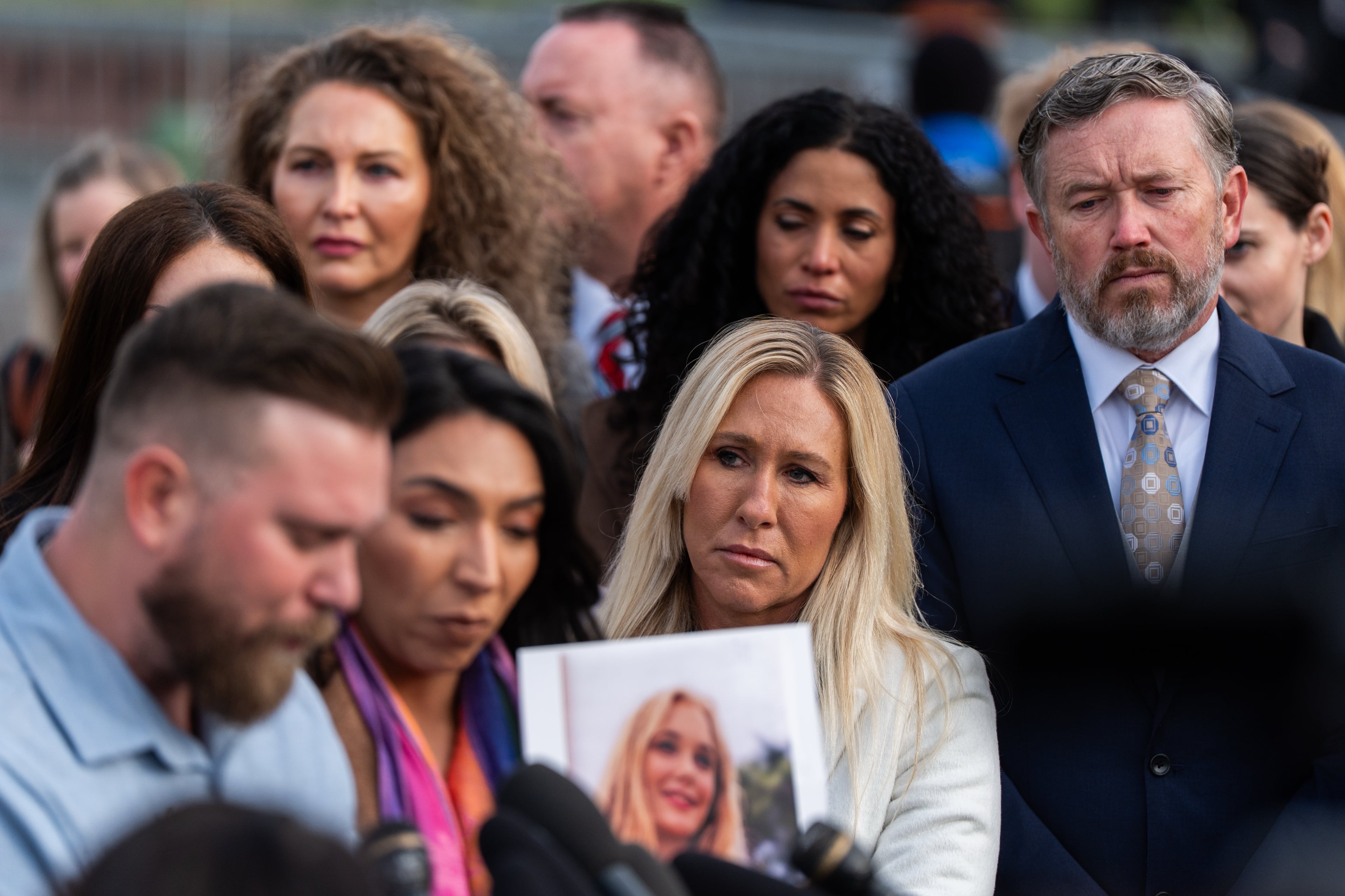 U.S. Rep. Marjorie Taylor Greene (second from right), R-Ga., and Rep. Thomas Massie, R-Ky. attend a news conference on the Epstein Files Transparency Act on Tuesday, Nov. 18, 2025, outside the U.S. Capitol in Washington. (Julia Demaree Nikhinson/AP)