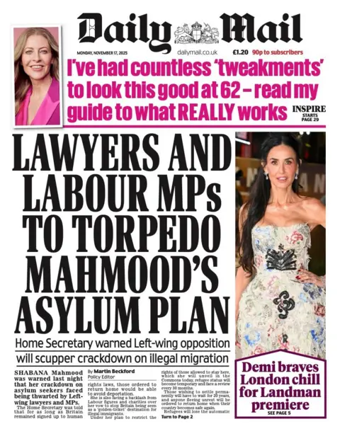 The headline on the front page of the Mail reads: “Lawyers and Labour MPs to torpedo Mahmood's asylum plan”.