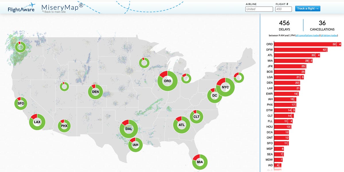  ‘Misery Map’ Shows US Airport Flight Delays and Cancellations