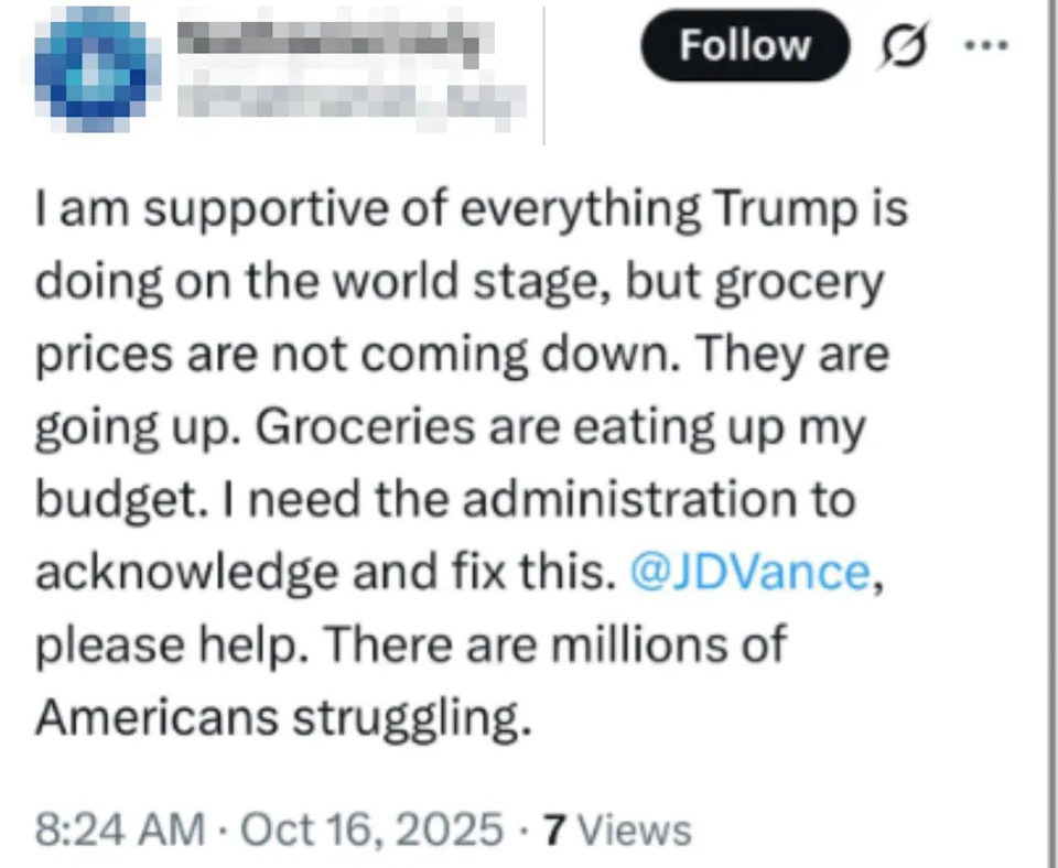 Tweet from Nathaniel July seeking help from @JDVance about rising grocery prices despite supporting Trump. Posted on October 16, 2025