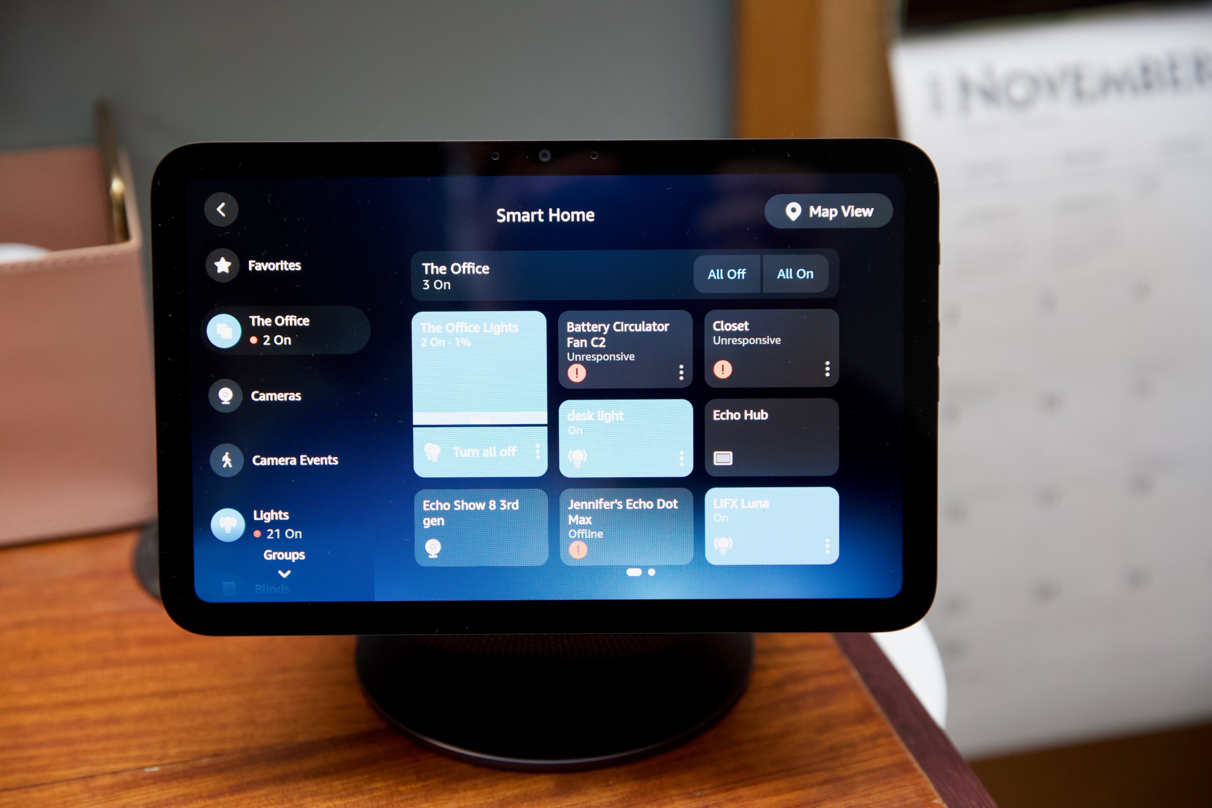 The smart home control panel is comprehensive, I especially like the All Off and All On button for quick room control.