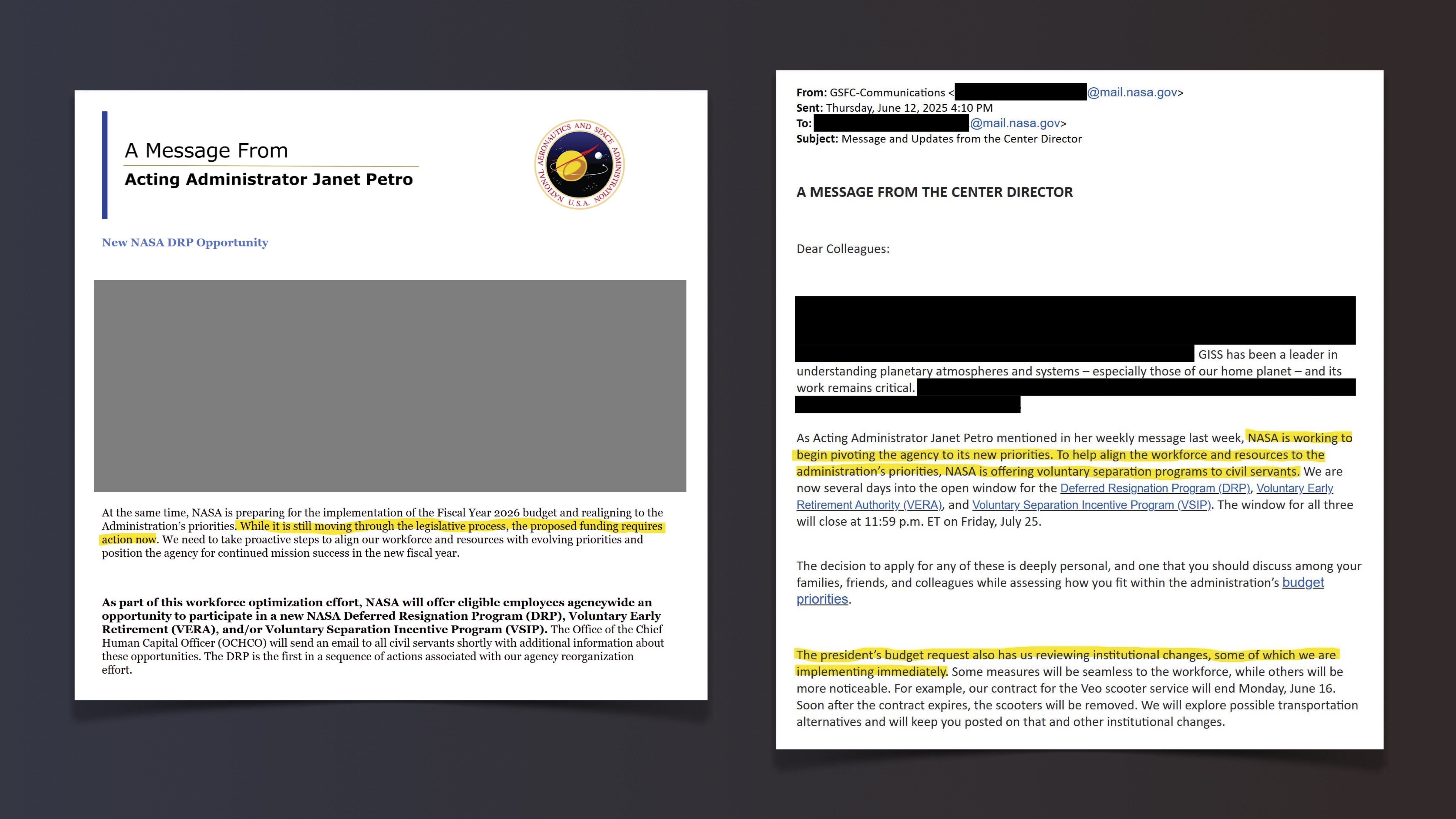 Two documents with redactions and highlights.