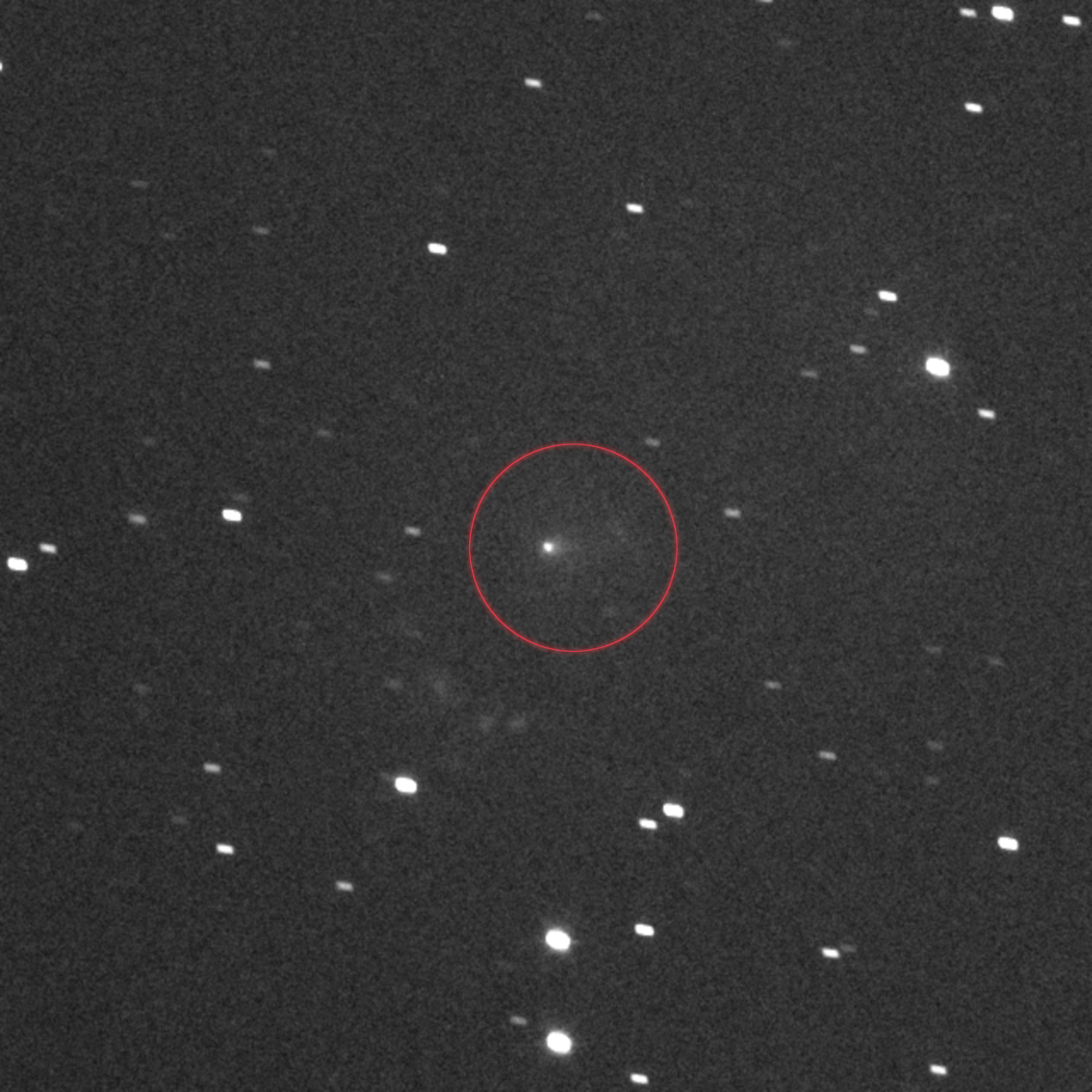 A grayscale image with a series of white dots with a red circle around one of the white dots showing where comet 3I/ATLAS is
