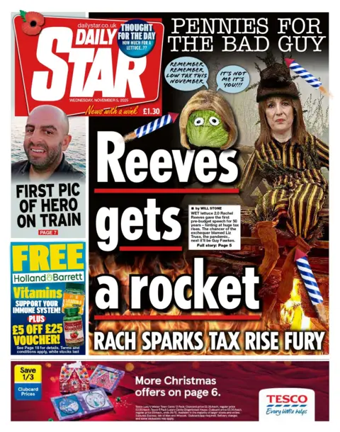 The headline on the front page of the Daily Star reads: "Reeves gets a rocket".
